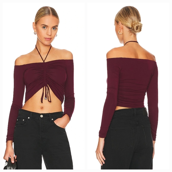 JONATHAN SIMKHAI STANDARD Alessa Matte Jersey Ruched  Top in Wine XS NWT - Picture 2 of 10
